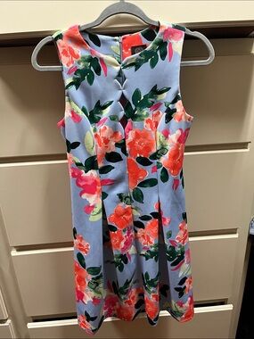 Vince Camuto Floral A-Line Dress in Light Blue with Coral and Pink Blooms
